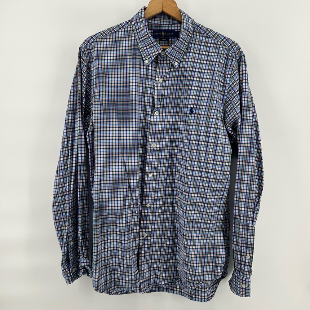 Ralph Lauren Slim Fit‎ Shirt Mens XL Classic Plaid Button Down Blue Pony Cotton